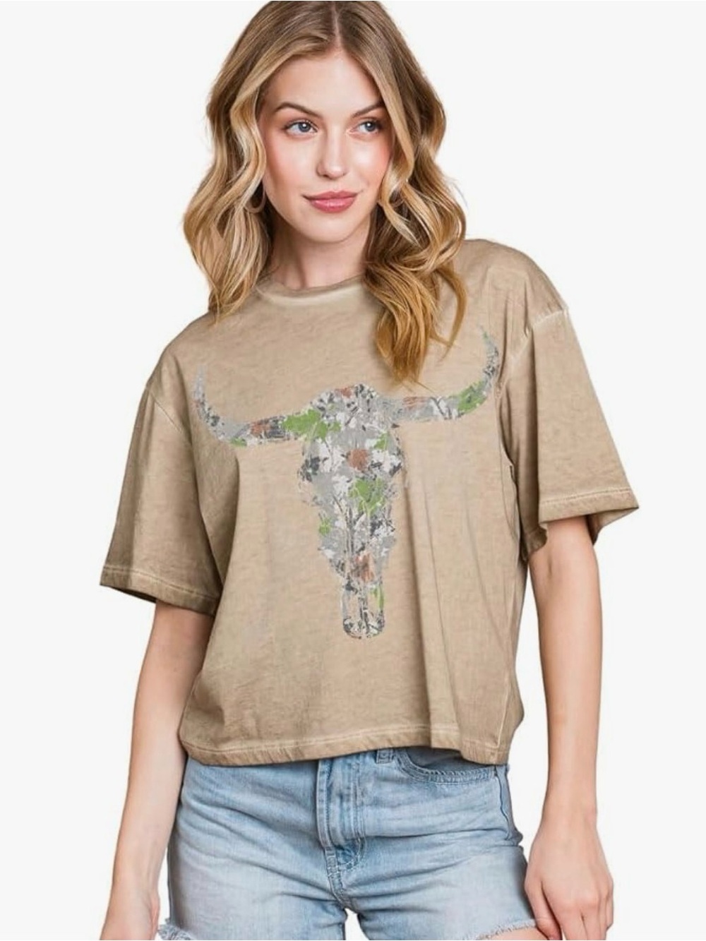 Neutral Tan Graphic Bull Skull Crop Tee